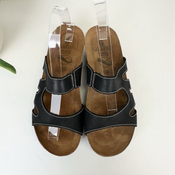 Sabatini Memory System Black Leather Slide Sandal Cork Wedge Shoes EU 38 US 7.5 - Picture 3 of 8